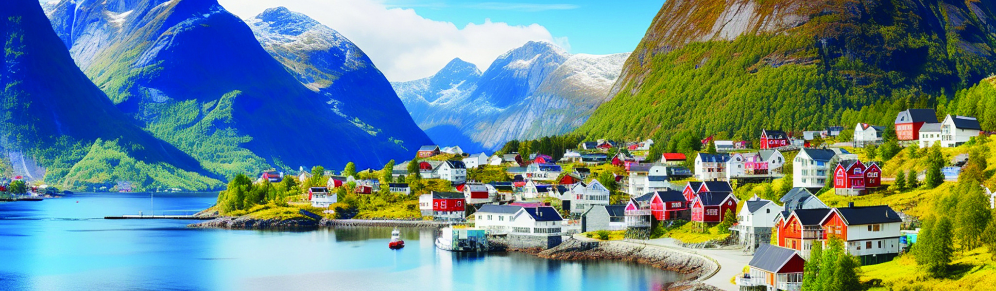 Norwegian Fjords with mountains in the background and a small village in the foreground right on the waterfront